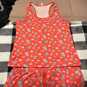 Matching PJ set with pink coffee cups